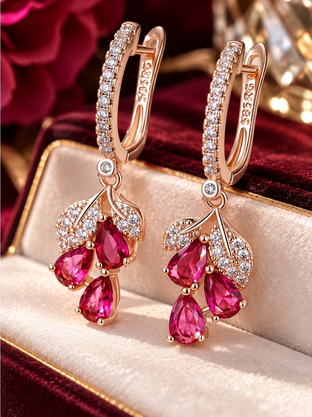 Rose Gold plated Pink Crystal Teardrop Dangle Earrings - Elegant Women Jewelry - Picture 3 of 9